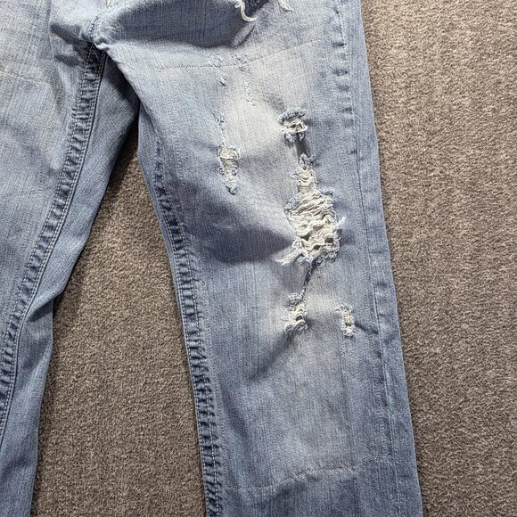 BKE Carter Jeans Mens 34L Blue Light Wash Distressed Straight Leg Patchwork - Picture 5 of 11